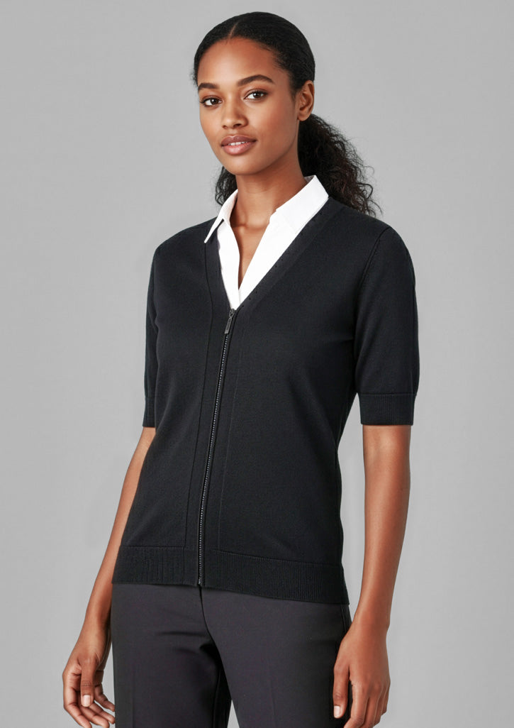 Womens Zip Front Short Sleeve Knit Cardigan - Black