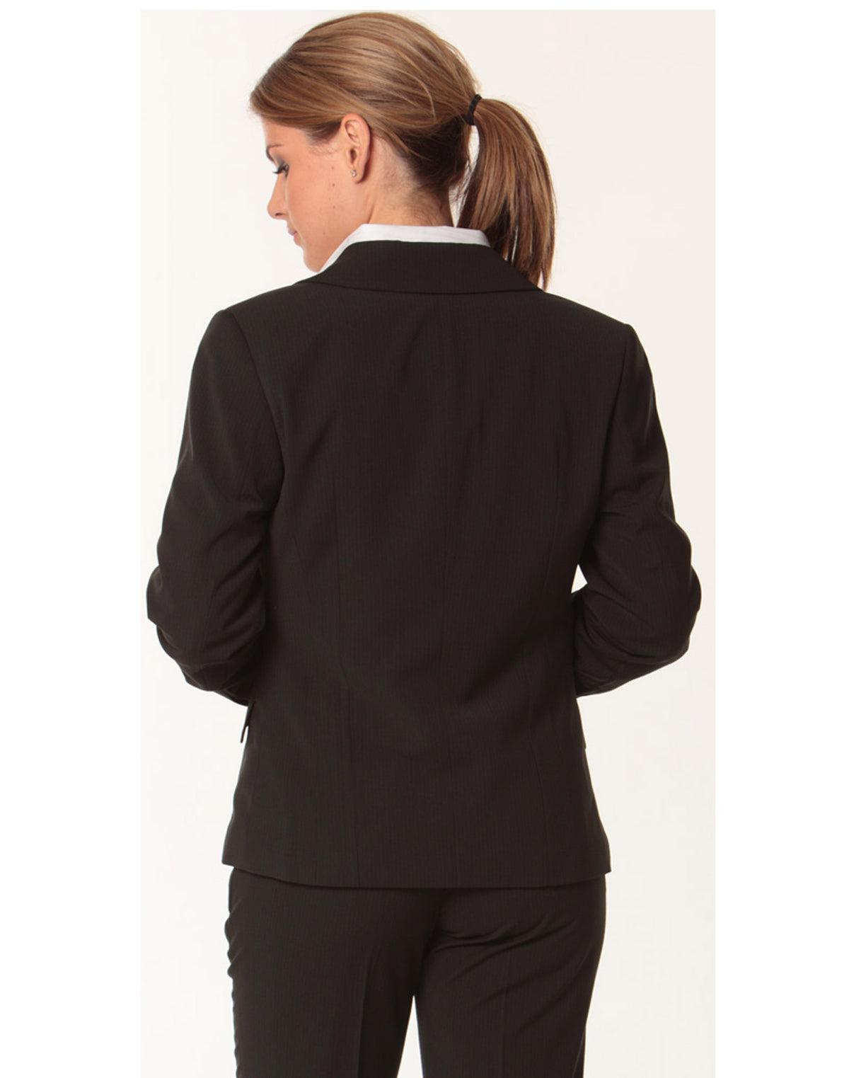 Women's One Button Cropped Jacket in Poly/Viscose Stretch Stripe - Black.Charcoal