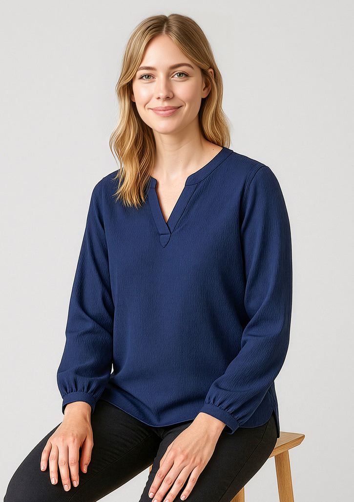 Womens Ruche Long Sleeve Blouse - Navy