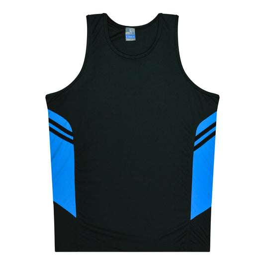 TASMAN MENS SINGLETS - V1111 - BLACK/CYAN