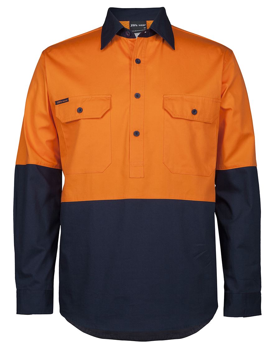 JB's HV CLOSE FRONT L/S 150G WORK SHIRT ORANGE/NAVY