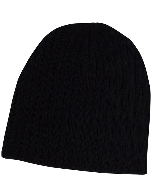 Acrylic knit beanie with cable row feature - Black