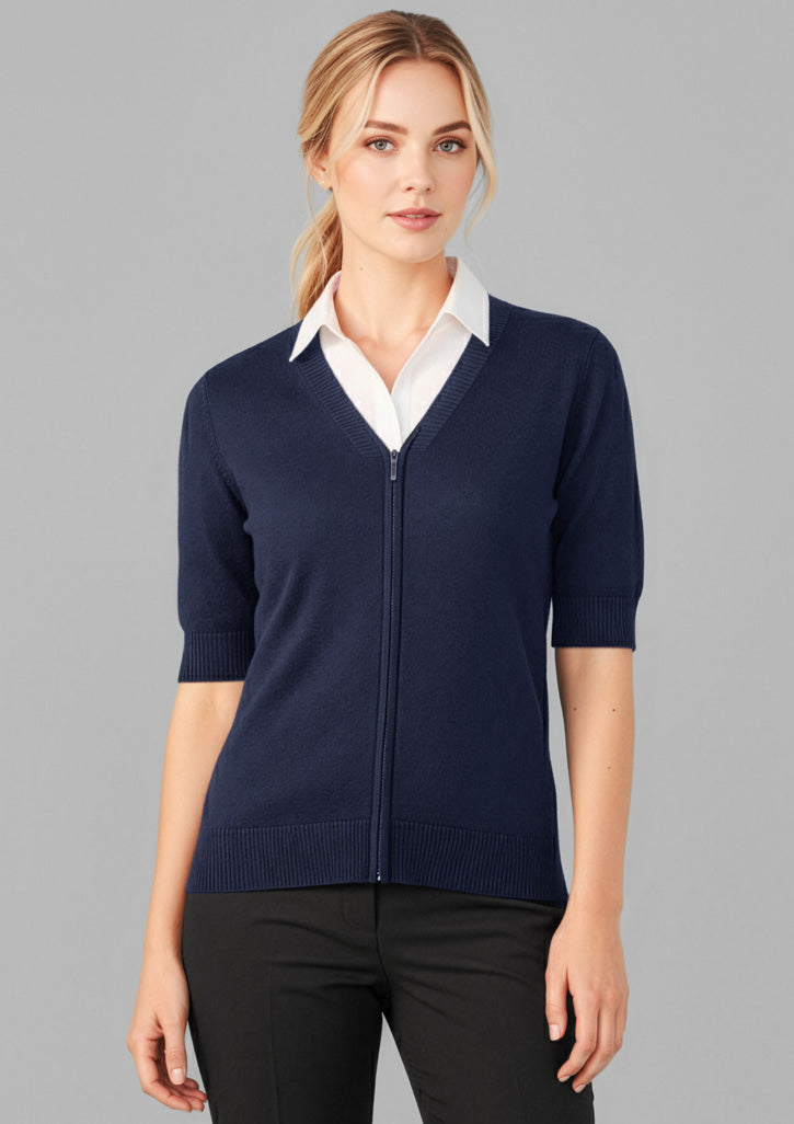 Womens Zip Front Short Sleeve Knit Cardigan - Navy