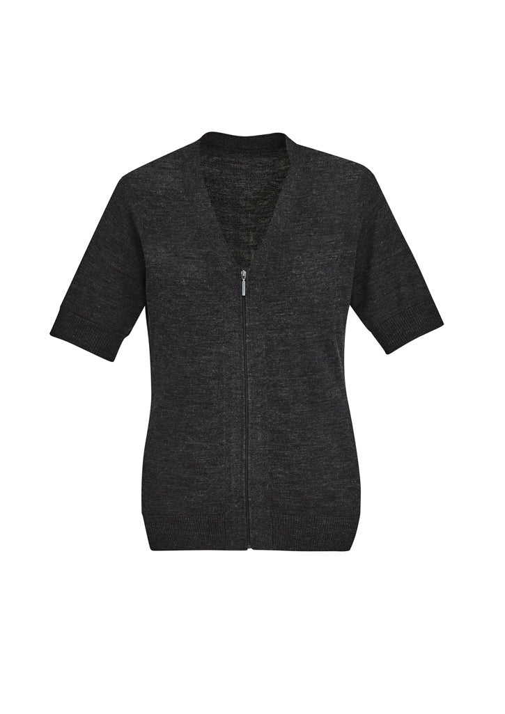 Womens Zip Front Short Sleeve Knit Cardigan - Charcoal
