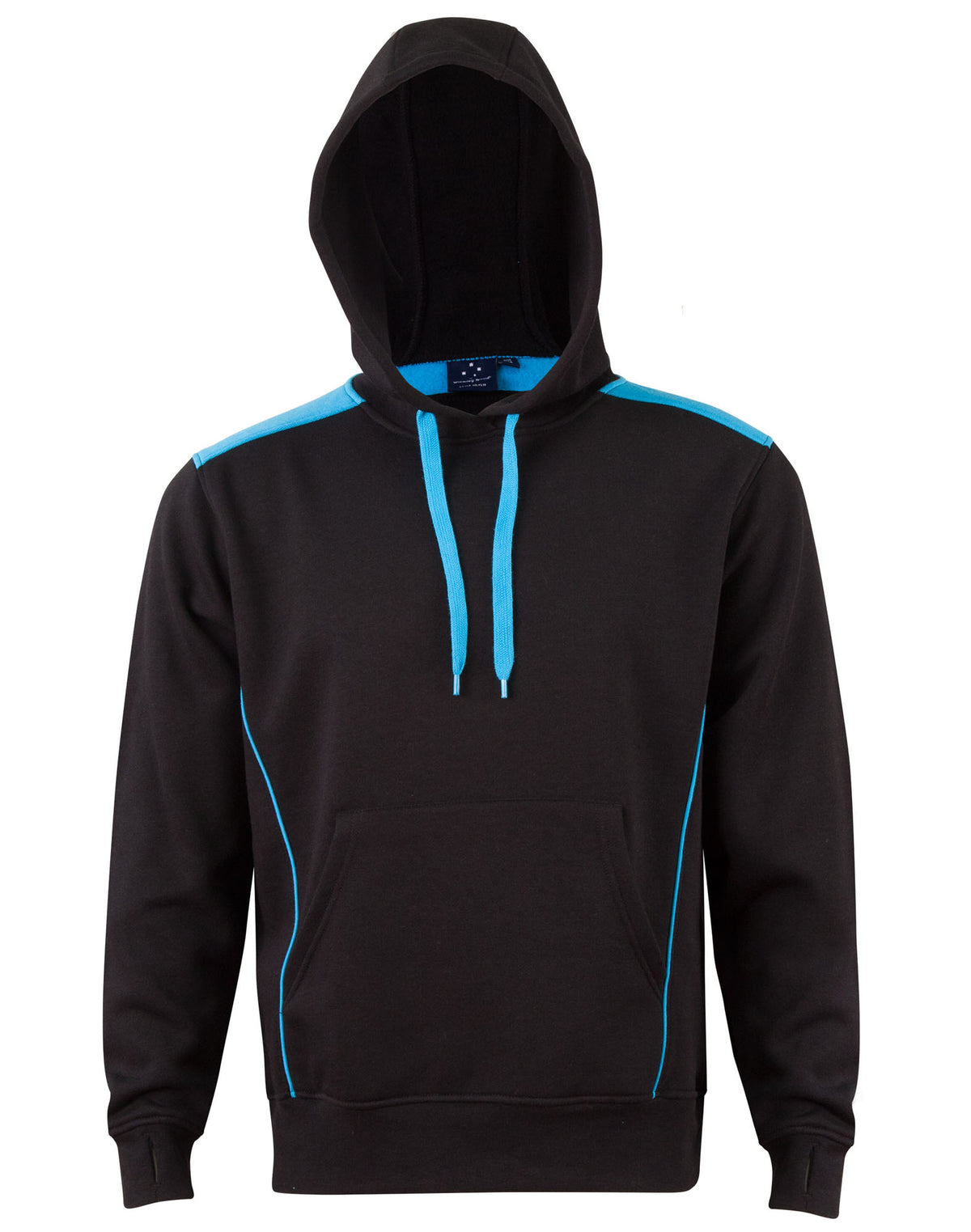 Adult's Kangaroo Pocket Contrast Hoodie - Black.Aqua Blue