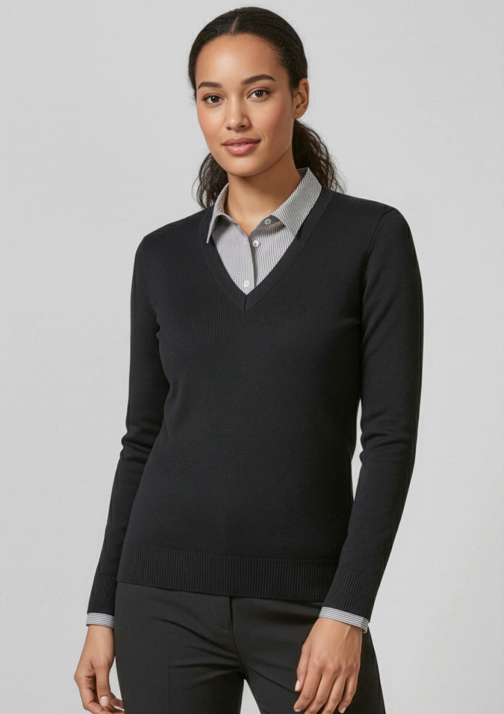 Womens V-Neck Knit Pullover - Black
