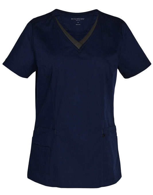 Ladies' Contrast Colour S/S Scrub Top - Navy.Charcoal