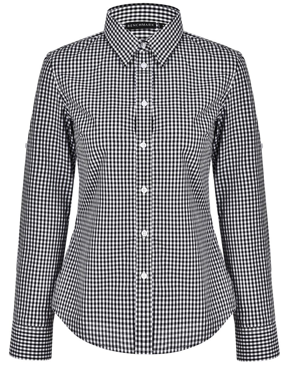 Women's Gingham Check Roll-up L/S Shirt - Black.White
