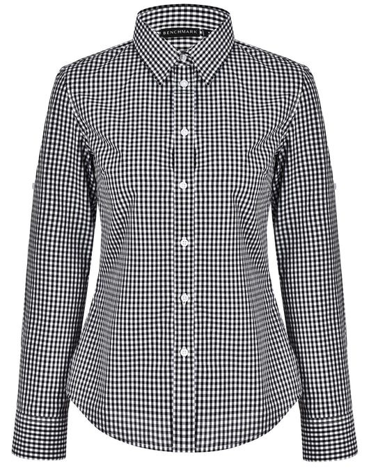 Women's Gingham Check Roll-up L/S Shirt - Black.White
