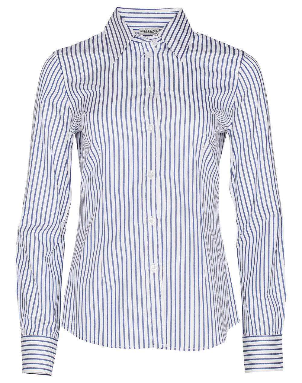 Women's Sateen Stripe L/S Shirt - White.Cobalt