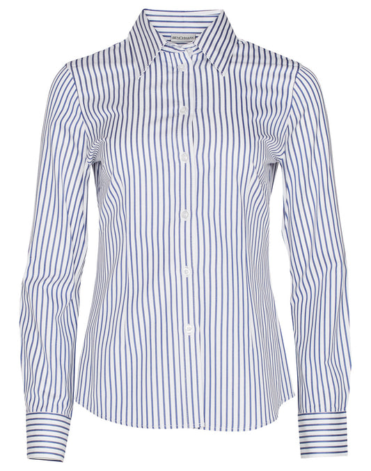 Women's Sateen Stripe L/S Shirt - White.Cobalt