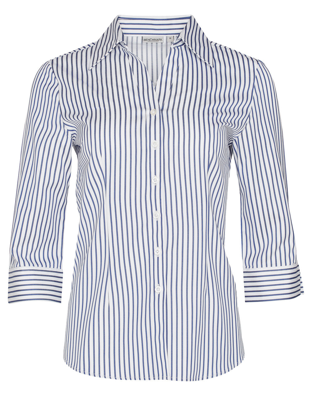 Women's Sateen Stripe 3/4 Sleeve Shirt - White.Cobalt
