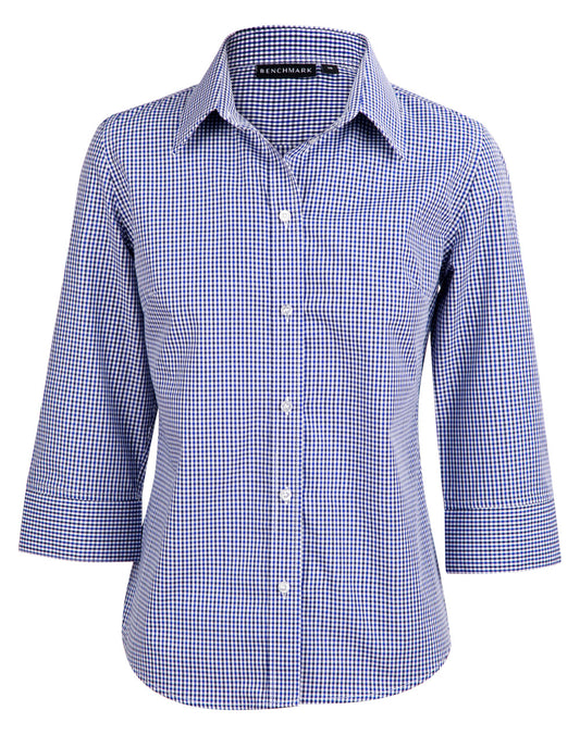 Ladies' Two Tone Check 3/4 Sleeve Shirt - Black.White.Navy