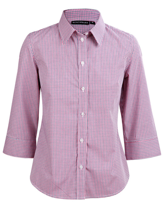 Ladies' Two Tone Mini Check 3/4 Sleeve Shirt - Black.White.Red