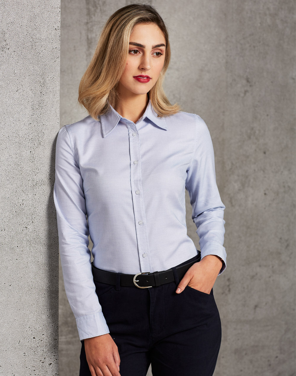 Ladies' Dot Contrast Long Sleeve Shirt - White.Blue Dot