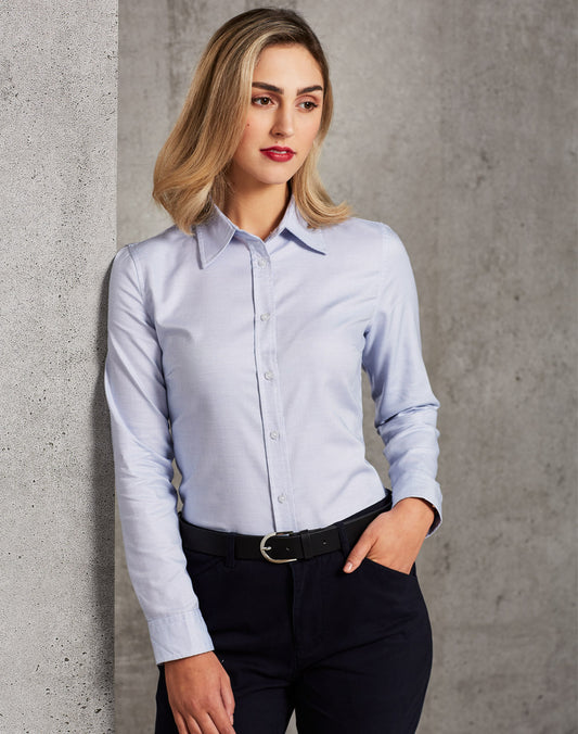 Ladies' Dot Contrast Long Sleeve Shirt - White.Blue Dot