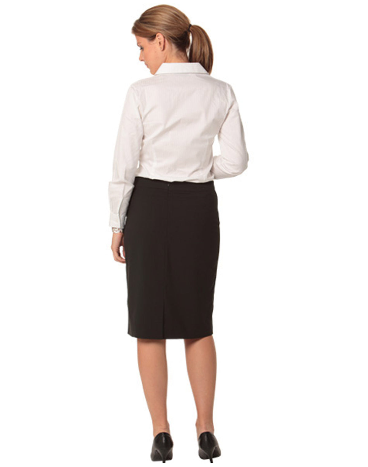 Women's Mid Length Lined Pencil Skirt in Poly/Viscose Stretch Stripe - Black.Charcoal