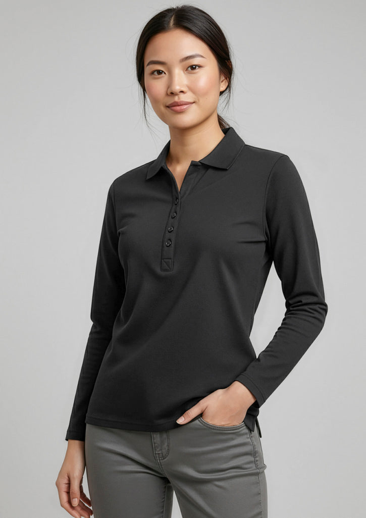 Womens Crew Long Sleeve Polo - Black