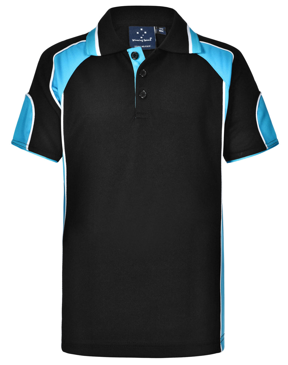 Kid's Cooldry Contrast Polo With Sleeve Panel - Black.Aqua Blue
