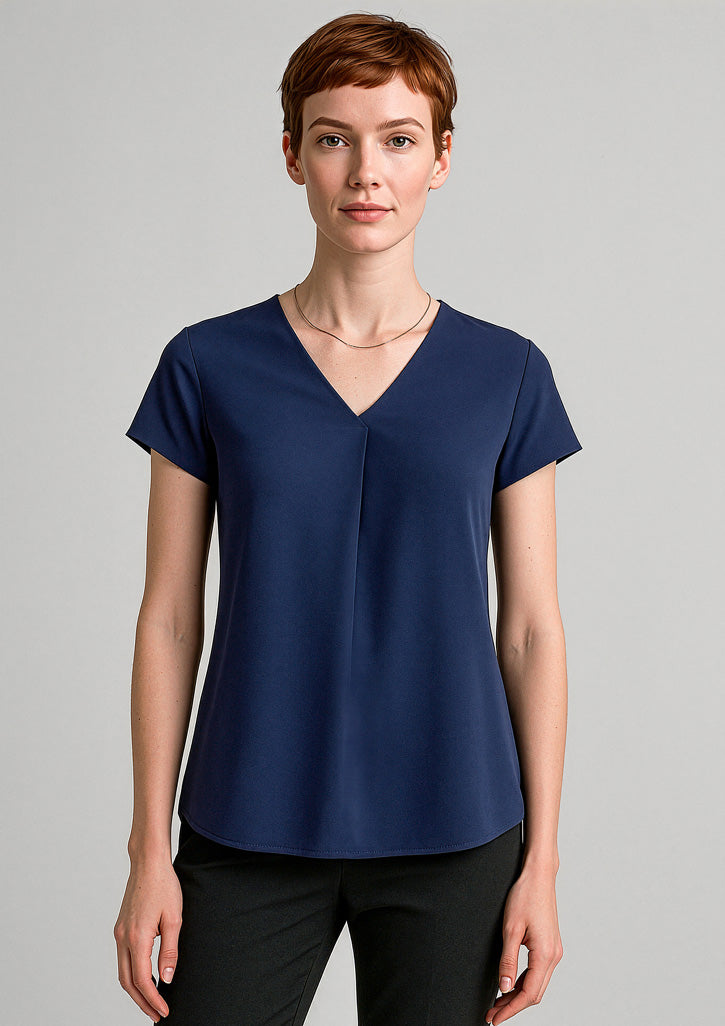 Womens Kayla V-Neck Pleat Blouse - Navy
