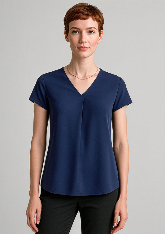 Womens Kayla V-Neck Pleat Blouse - Navy