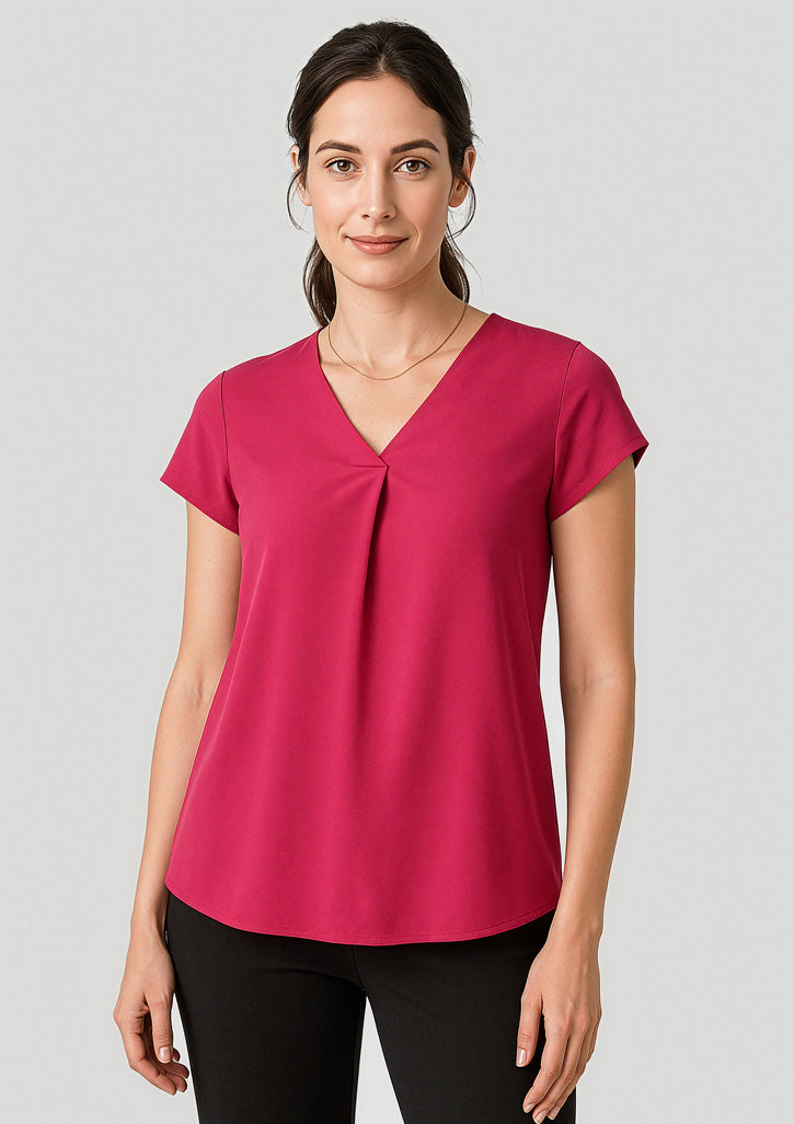 Womens Kayla V-Neck Pleat Blouse - Raspberry