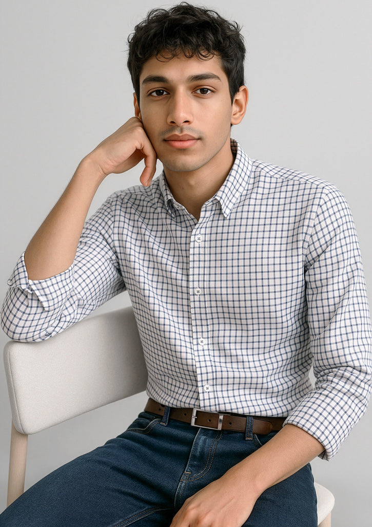 Mens Noah Long Sleeve Shirt - White/Storm Blue Check