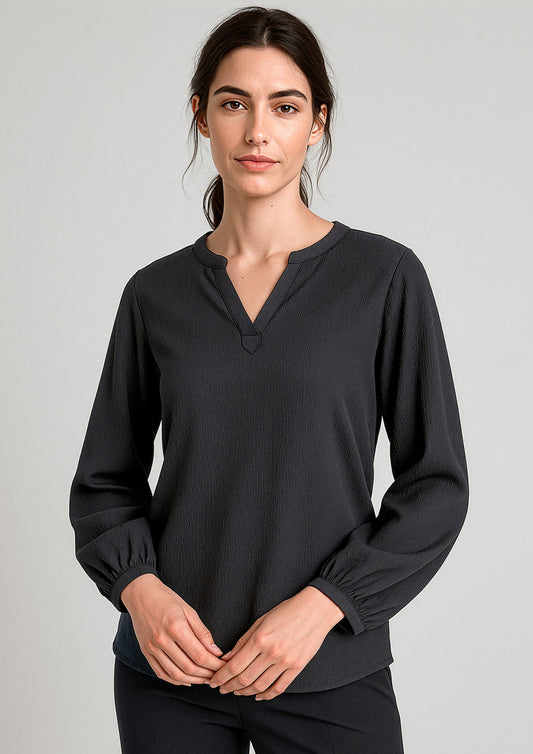 Womens Ruche Long Sleeve Blouse - Black