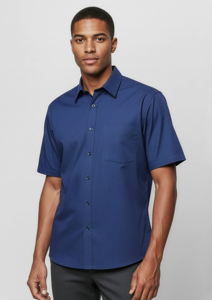 Mens Micro Check Short Sleeve Shirt - Navy