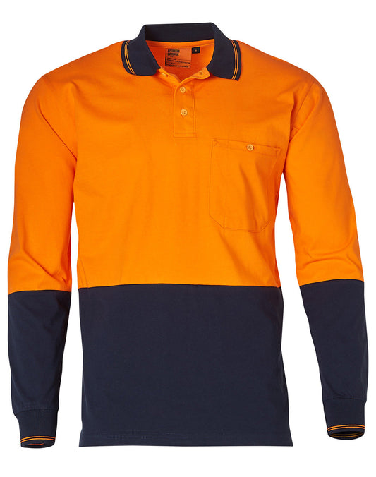 Hi-Vis Cotton Two Tone L/S Safety Polo - Orange.Navy