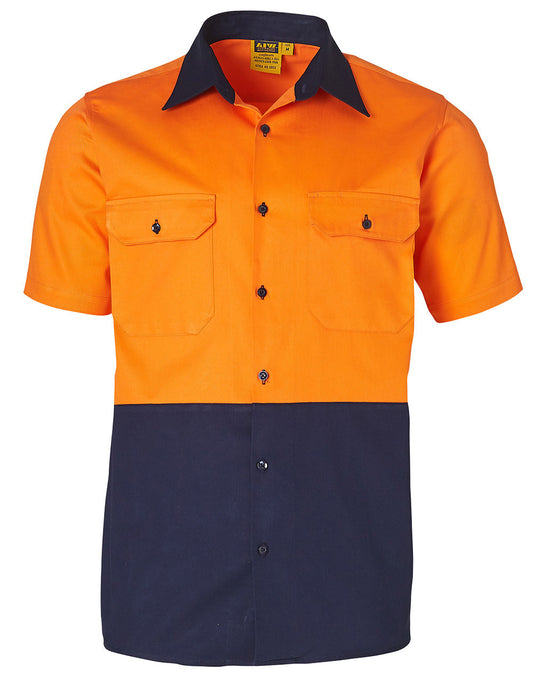 Hi-Vis two tone S/S cotton work shirt - Orange.Navy