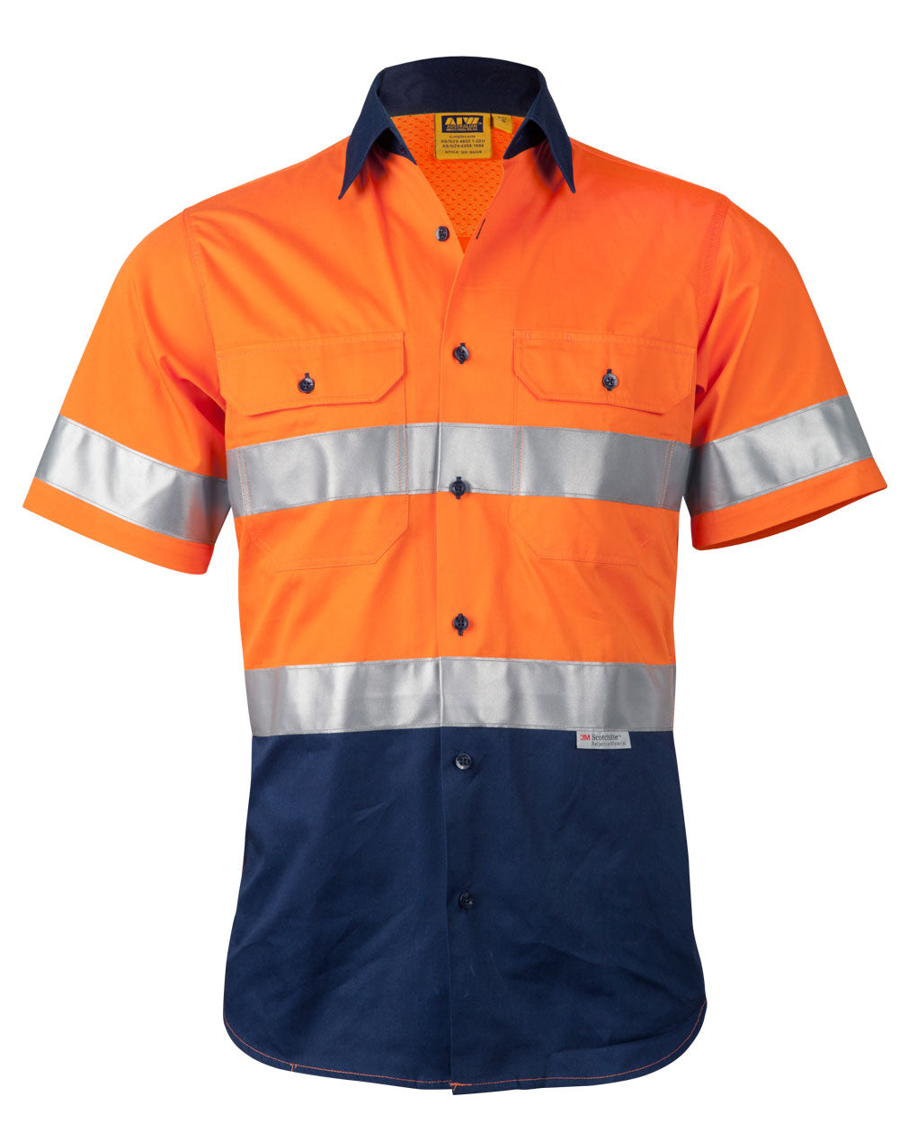 Men's Hi-Vis Cool Breeze Safety S/S Shirt (3M Tape) - Orange.Navy