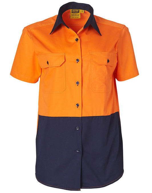 Ladies' Hi-Vis S/S Safety Shirt - FluoroOrange.Navy