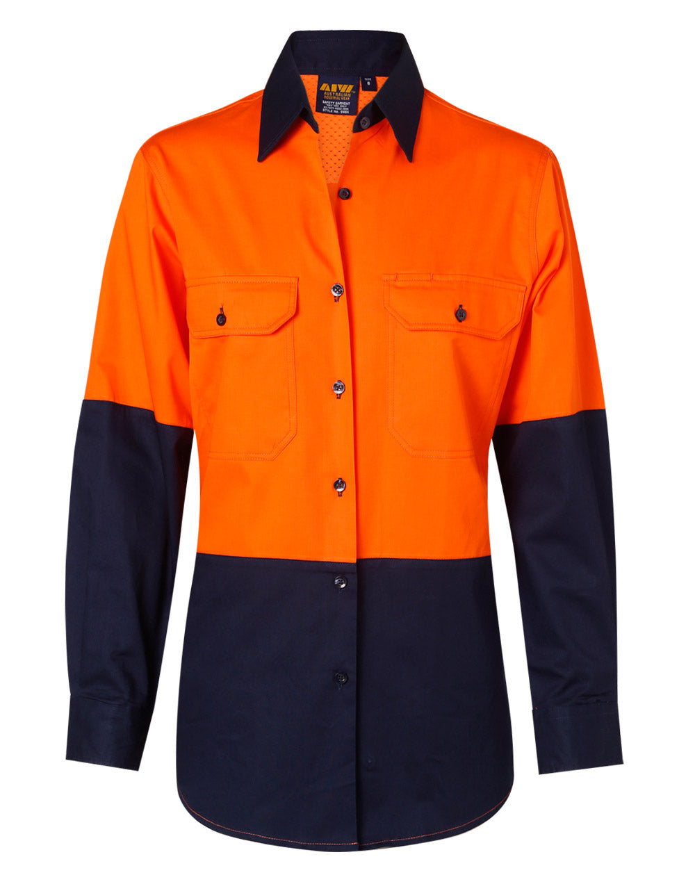 Ladies' Hi-Vis L/S Safety Shirt - FluoroOrange.Navy