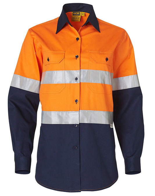 Ladies' Hi-Vis L/S Safety Shirt 3M Tape - FluoroOrange.Navy