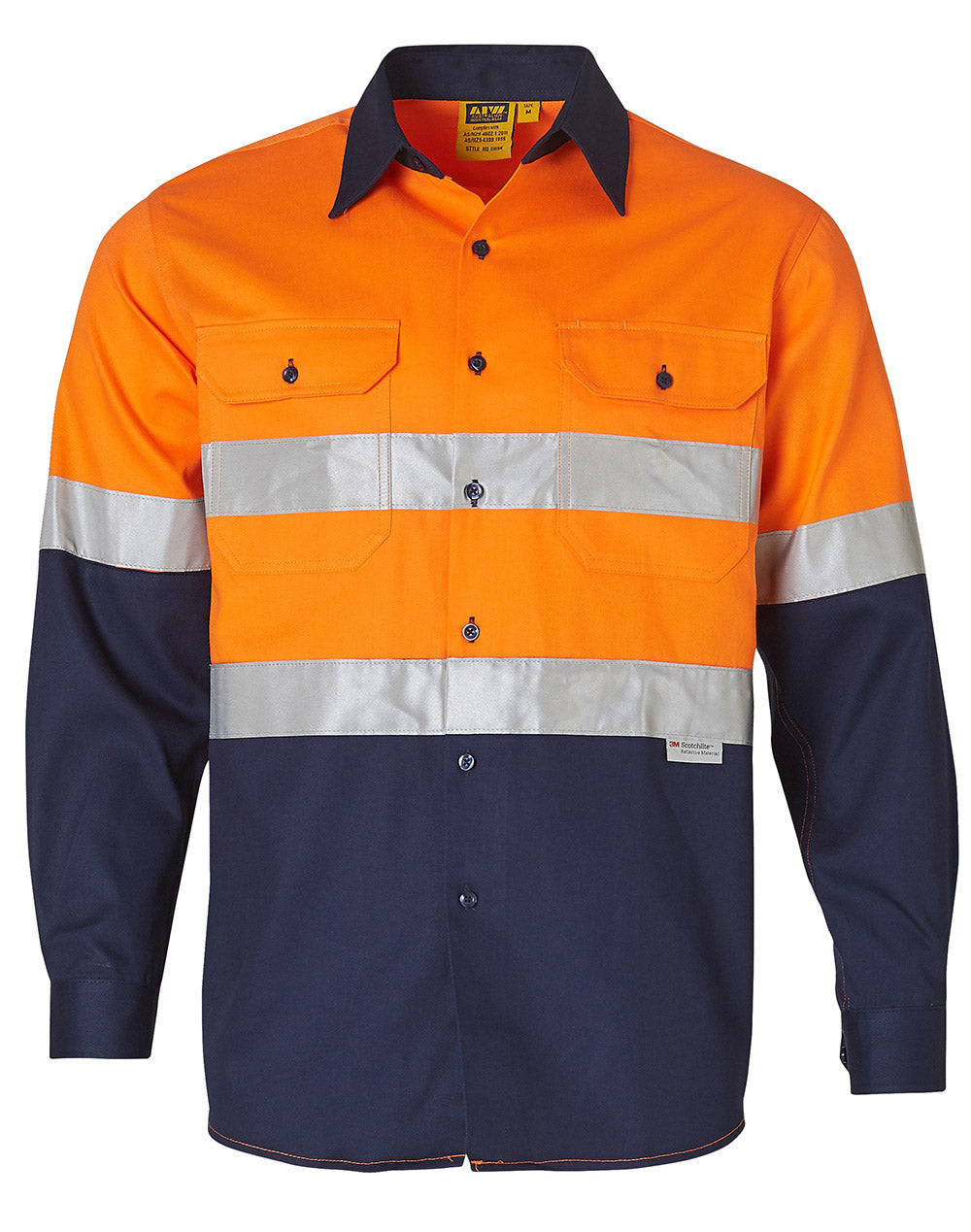 Men's Hi-Vis Cotton Twill  L/S Safety Shirt (3M tape) - Orange.Navy