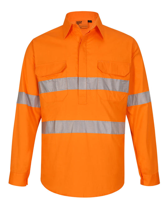 Hi Vis Cool-Breeze Closed Front L/S Shirt (Perforated Tape) - Orange