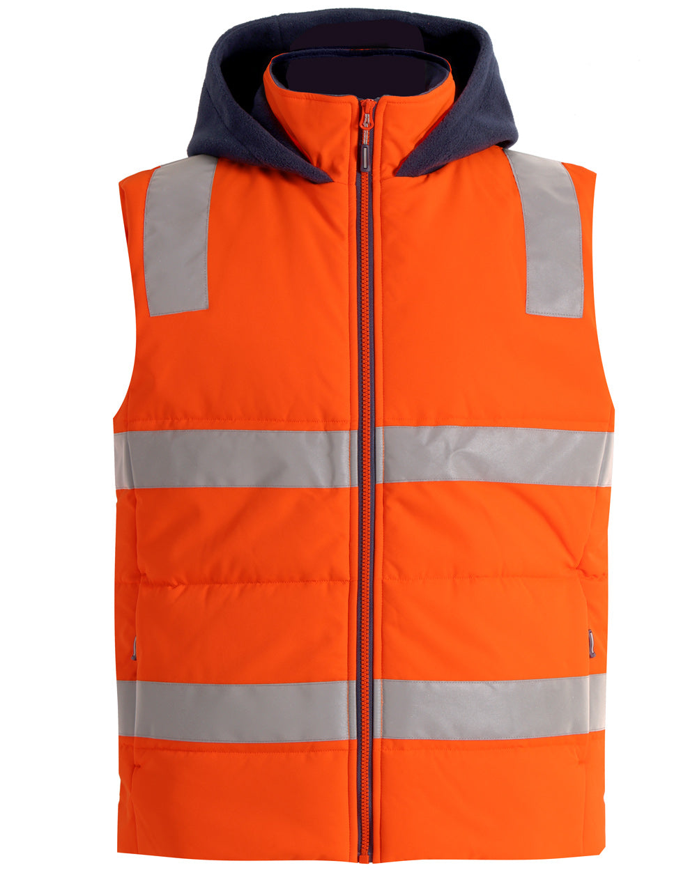 Unisex Hi Vis Hooded Puffer Vest - Orange.Navy
