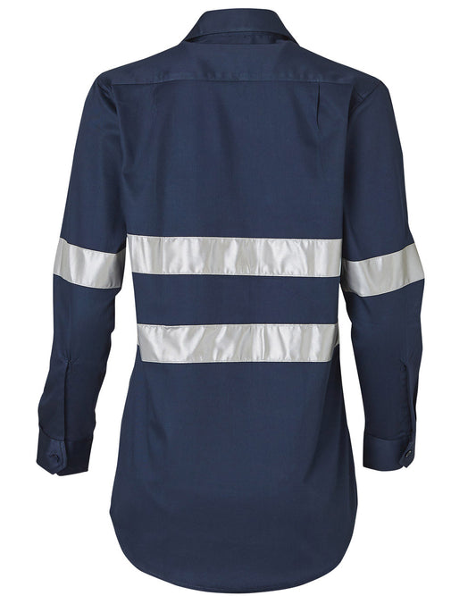 Ladies HiVis Cotton Drill Long Sleeves Work Shirt with 3M Reflective Taps - Navy