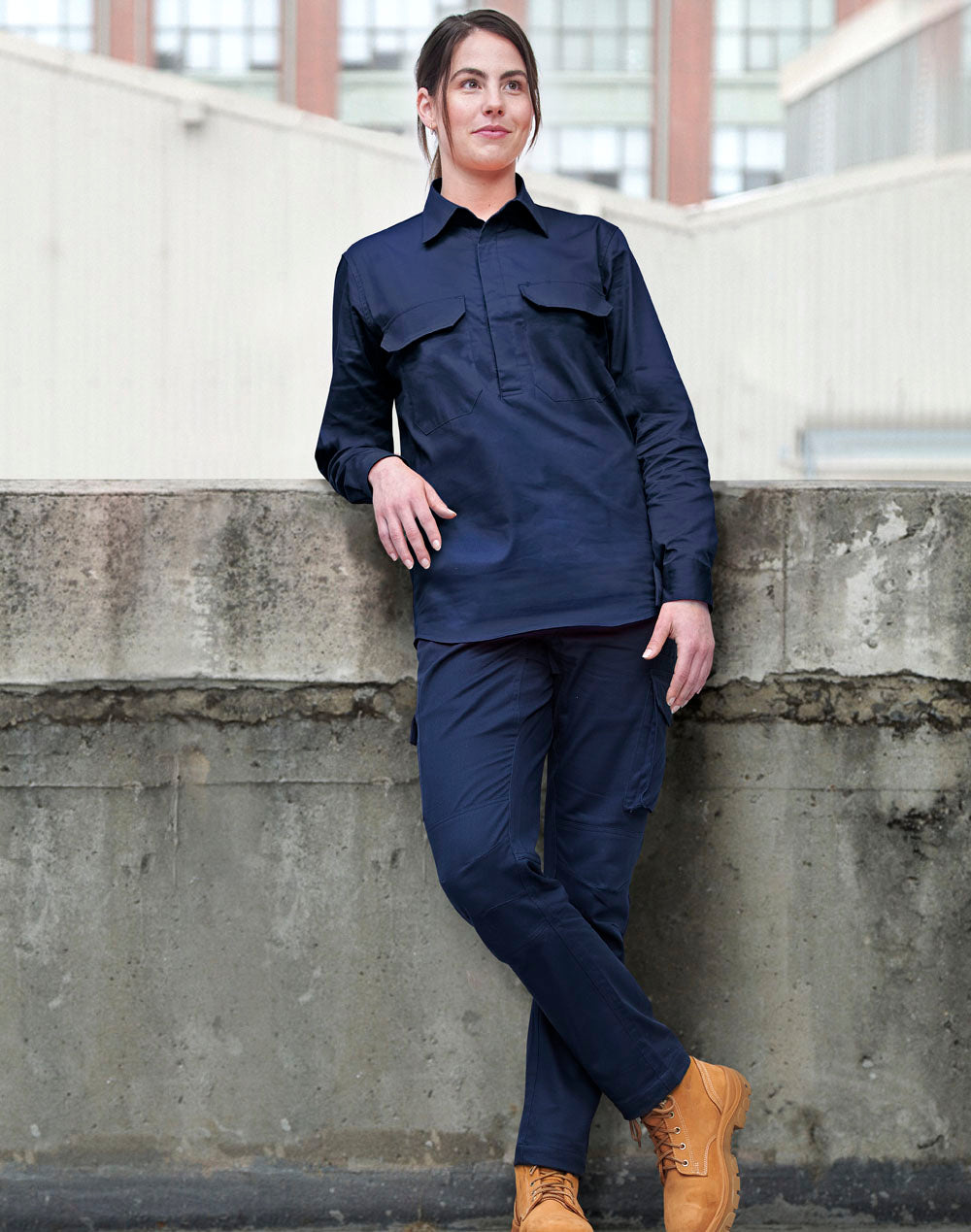 Cool-Breeze Closed Front L/S Work Shirt - Navy