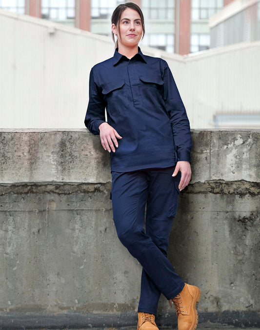 Cool-Breeze Closed Front L/S Work Shirt - Navy