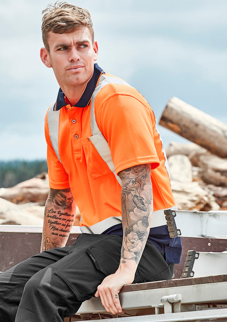 Mens Hi Vis Spliced Short Sleeve Polo - Shoulder Taped - Yellow/Navy
