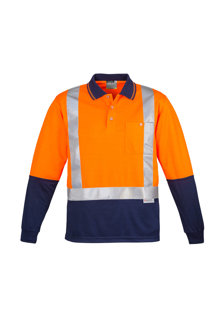 Mens Hi Vis Spliced Long Sleeve Polo - Shoulder Taped - Orange/Navy