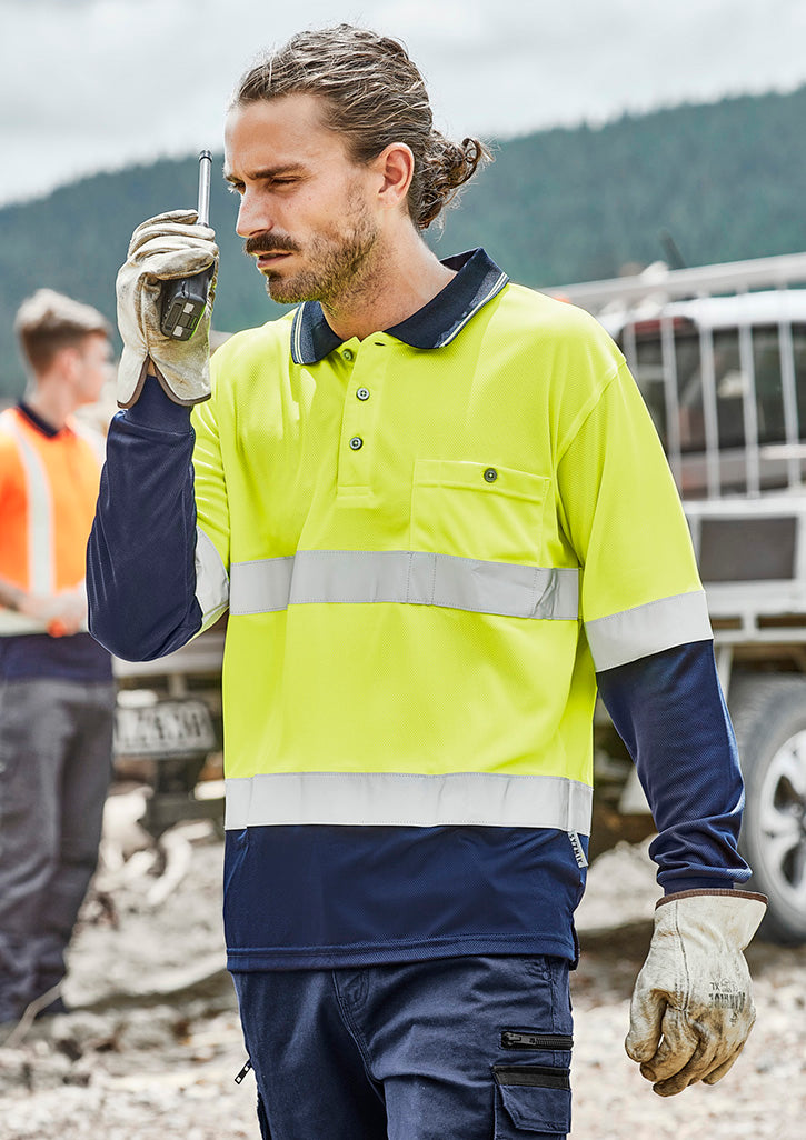 Mens Hi Vis Spliced Long Sleeve Polo - Hoop Taped - Yellow/Navy