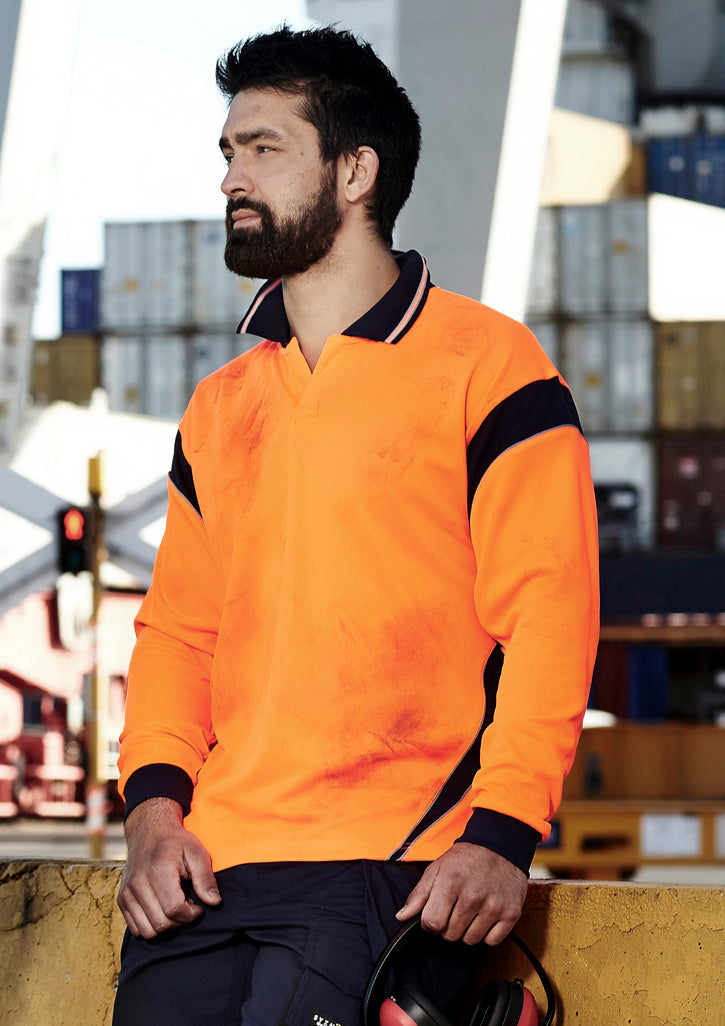 Mens Hi Vis Aztec Long Sleeve Polo - Yellow/Navy