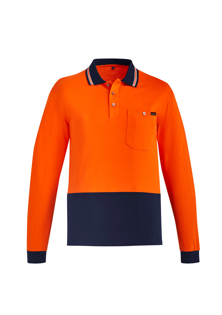 Mens Hi Vis Cotton Long Sleeve Polo - Yellow/Navy
