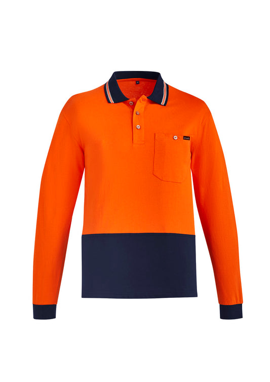 Mens Hi Vis Cotton Long Sleeve Polo - Yellow/Navy