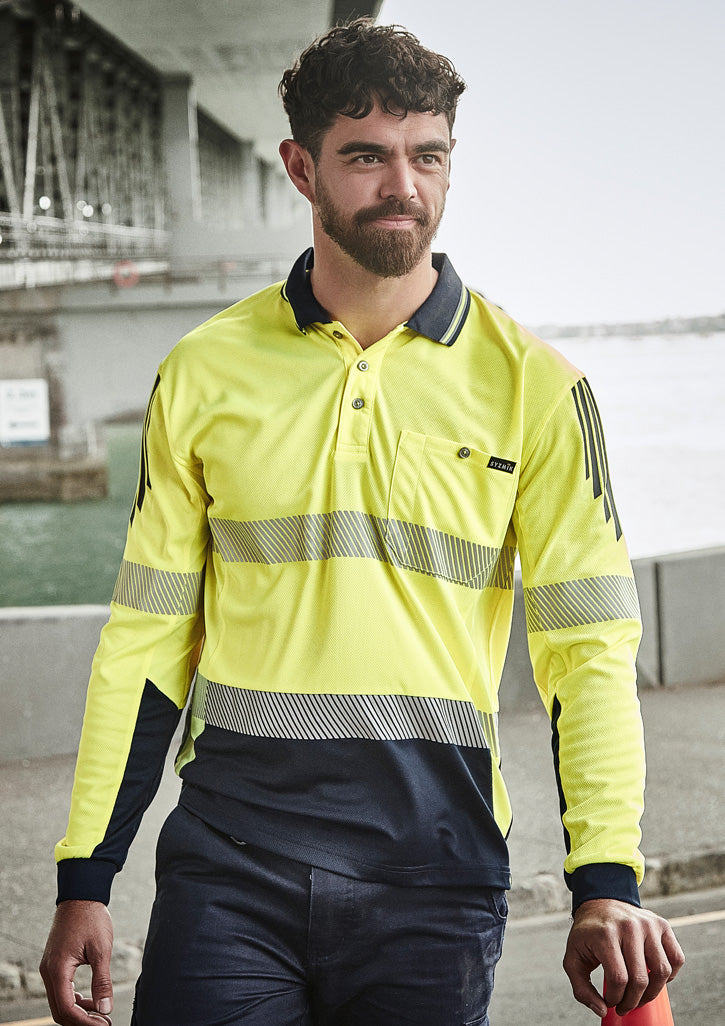 Mens Hi Vis Flux Segmented Tape Long Sleeve Polo - Orange/Navy