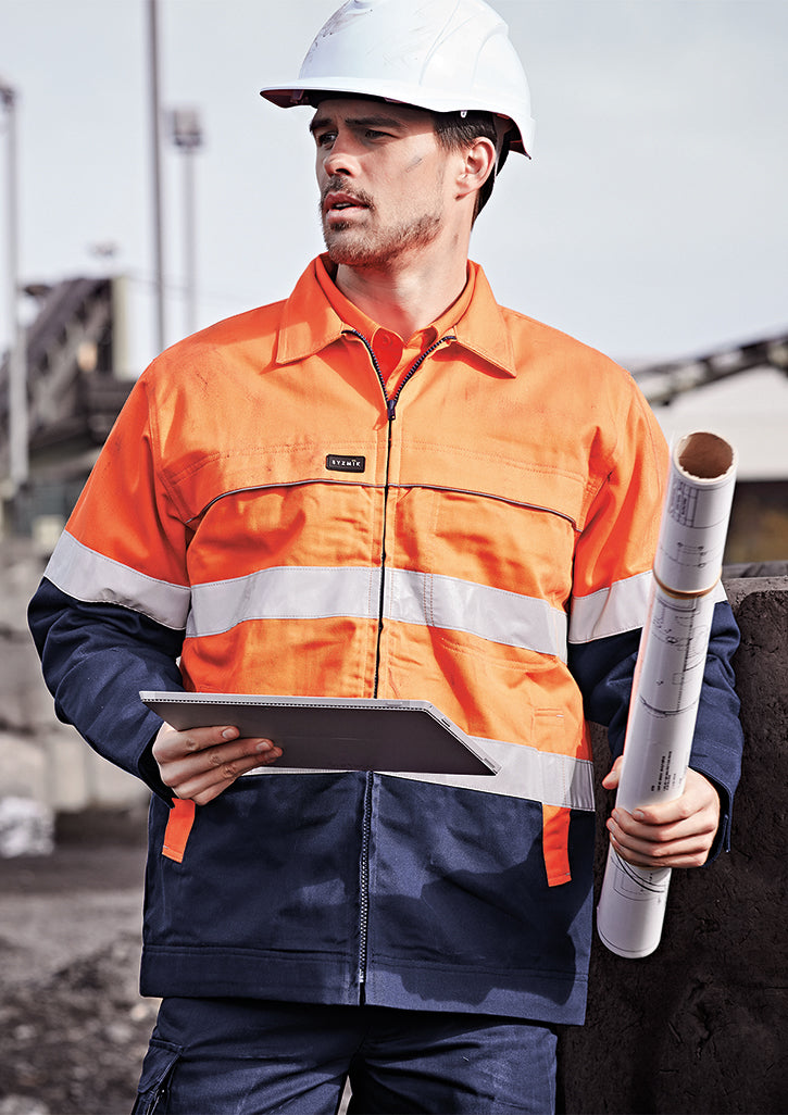 Mens Hi Vis Cotton Drill Jacket - Yellow/Navy