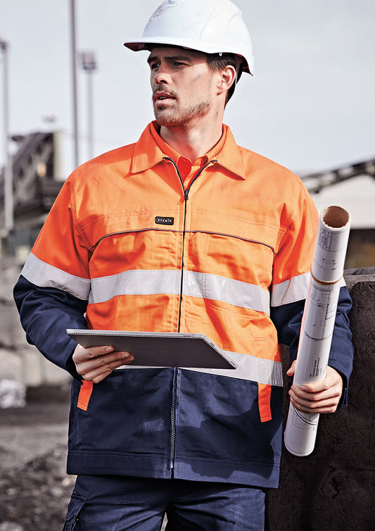 Mens Hi Vis Cotton Drill Jacket - Yellow/Navy